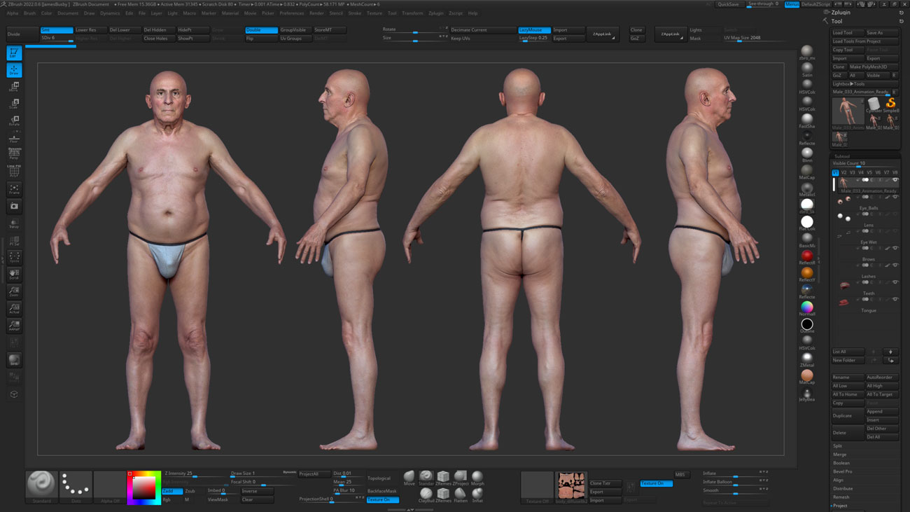 ZBrush ZTool render of an older male 3D body scan at high subdivision level showing sculpt-ready geometry